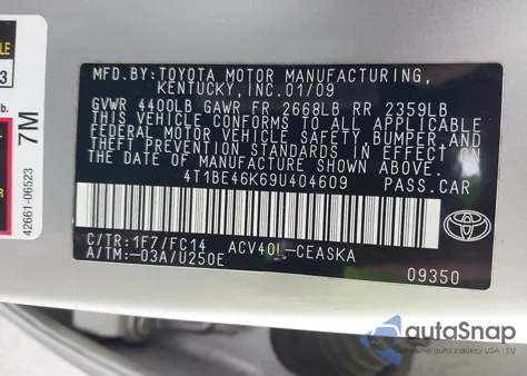 2009 Toyota Camry Se z USA, uszkodzony, nr VIN 4T1BE46K69U404609